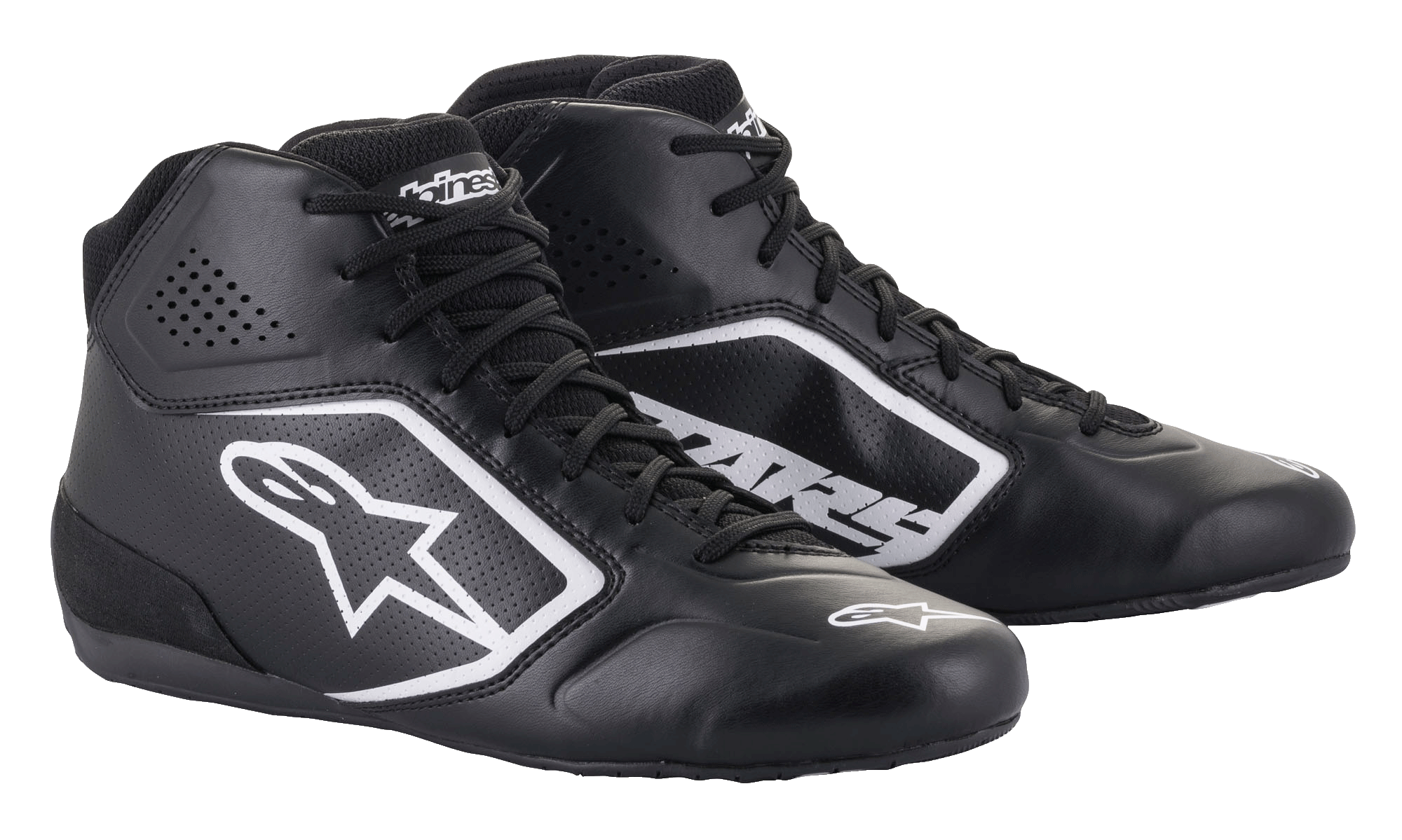 Alpinestars Tech-1 K Start V2 Shoes, Karting Racing Shoes, Black with white Alpinestars logo, high-top design featuring perforated microfiber panels and flat racing soles, sleek motorsport-inspired look