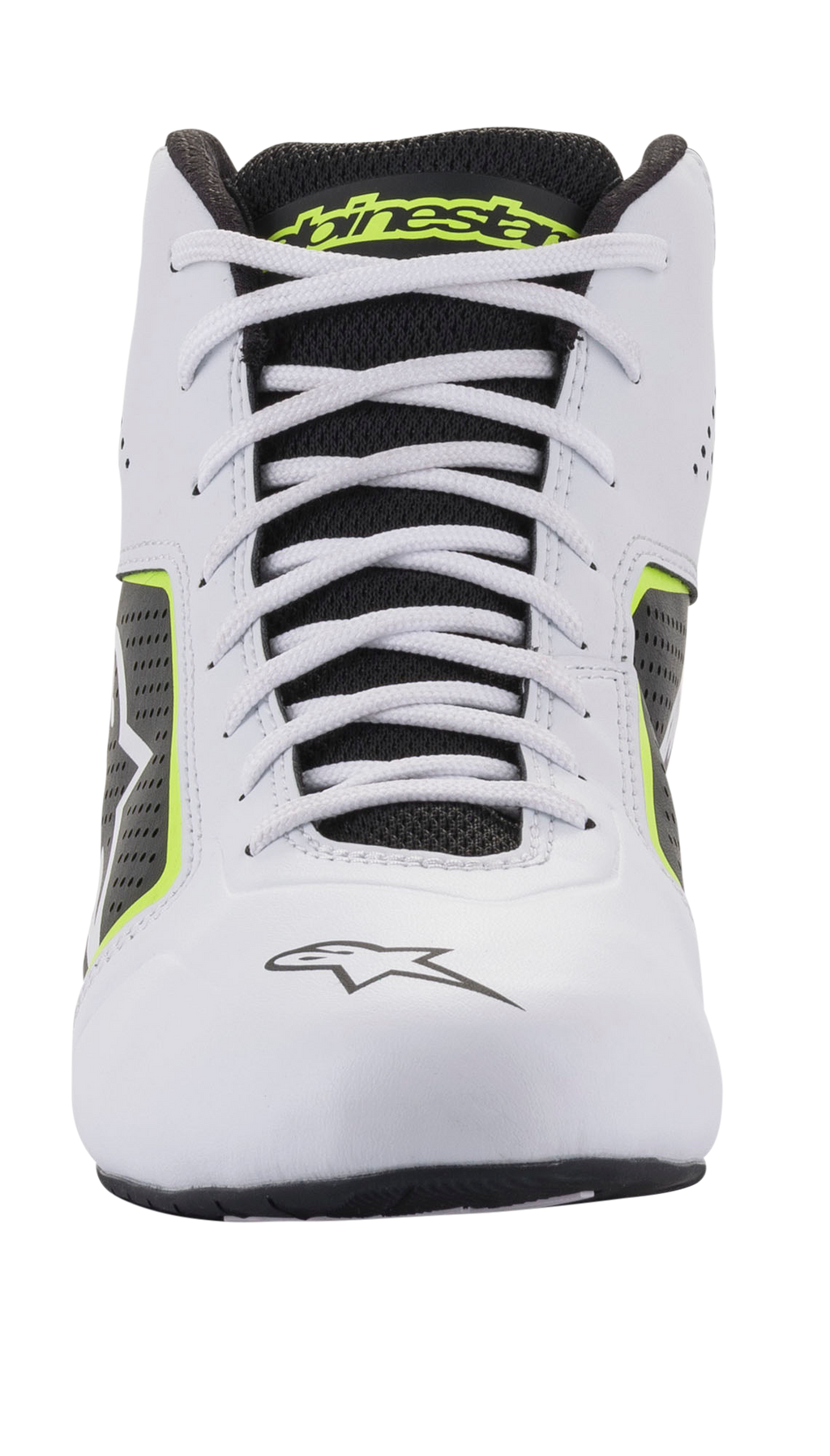 Alpinestars Tech-1 K Start V2 Shoes, Karting Shoes, White Black and Yellow Fluo, front view featuring white laces, black mesh tongue with yellow branding, and white microfiber construction with perforated side panels.