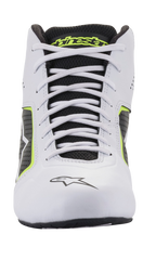 Alpinestars Tech-1 K Start V2 Shoes, Karting Shoes, White Black and Yellow Fluo, front view featuring white laces, black mesh tongue with yellow branding, and white microfiber construction with perforated side panels.