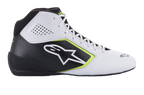 Alpinestars Tech-1 K Start V2 Shoes, Karting Shoes, White Black and Yellow Fluo, side profile featuring perforated microfiber panels, white Alpinestars logo with fluorescent yellow border, sleek motorsport design for karting