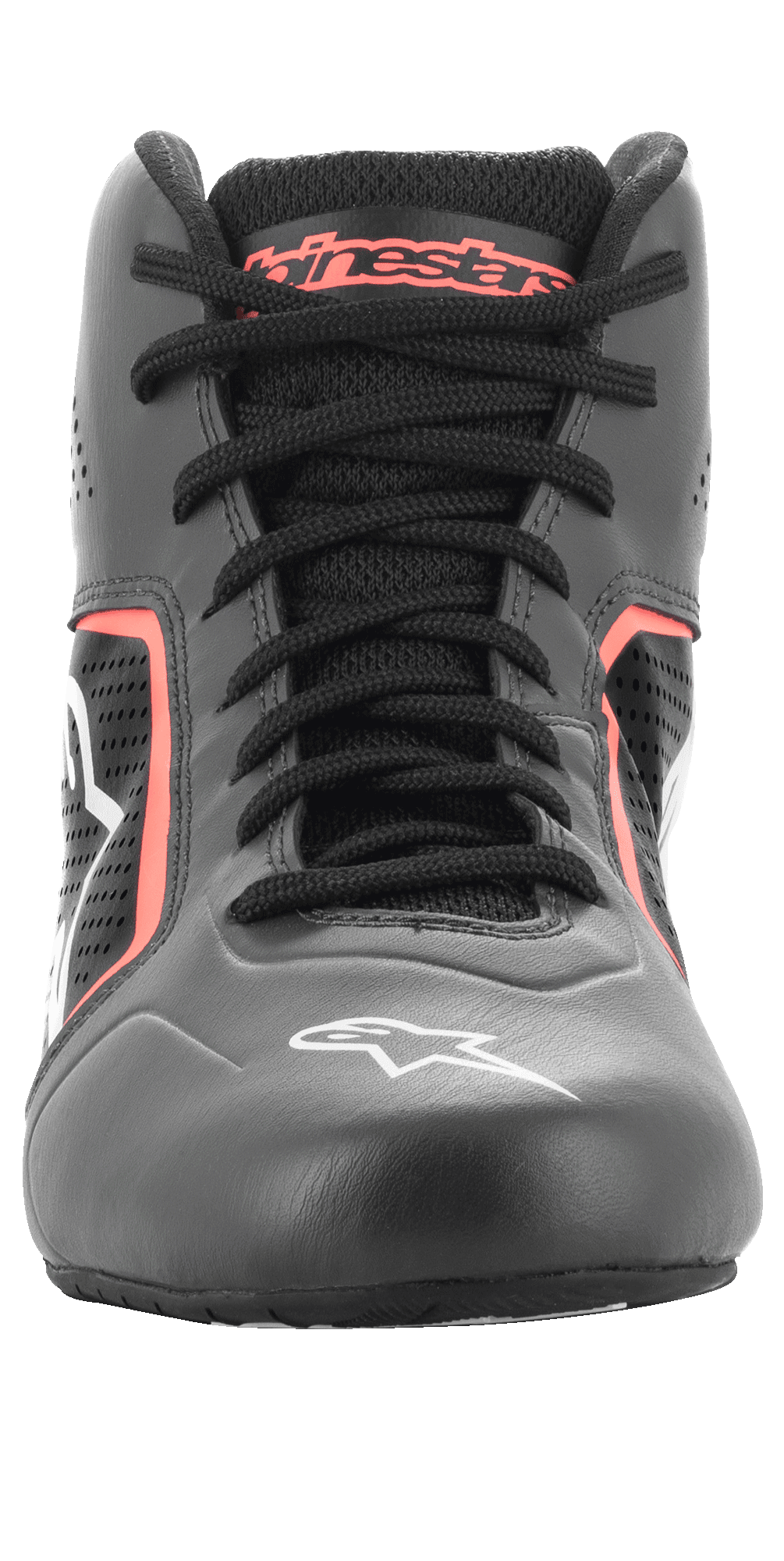Alpinestars Tech-1 K Start V2 Shoes, Karting Shoes, Asphalt Black and Orange Fluo, front-facing view showing black laces, orange Alpinestars branding on the tongue, white star logo on the toe, and perforated microfiber panels