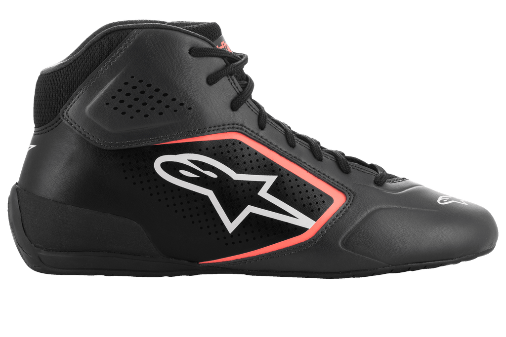 Alpinestars Tech-1 K Start V2 Shoes, Karting Shoes, Asphalt Black and Orange Fluo, side profile featuring microfiber upper with laser perforations, white Alpinestars logo with orange outline, and black laces