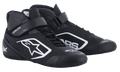 Alpinestars Youth Tech-1 K V2 Karting Shoes, Black and White, high-top racing footwear featuring a dual closure system with laces and a strap, perforated breathable panels, and white logo branding for young racers