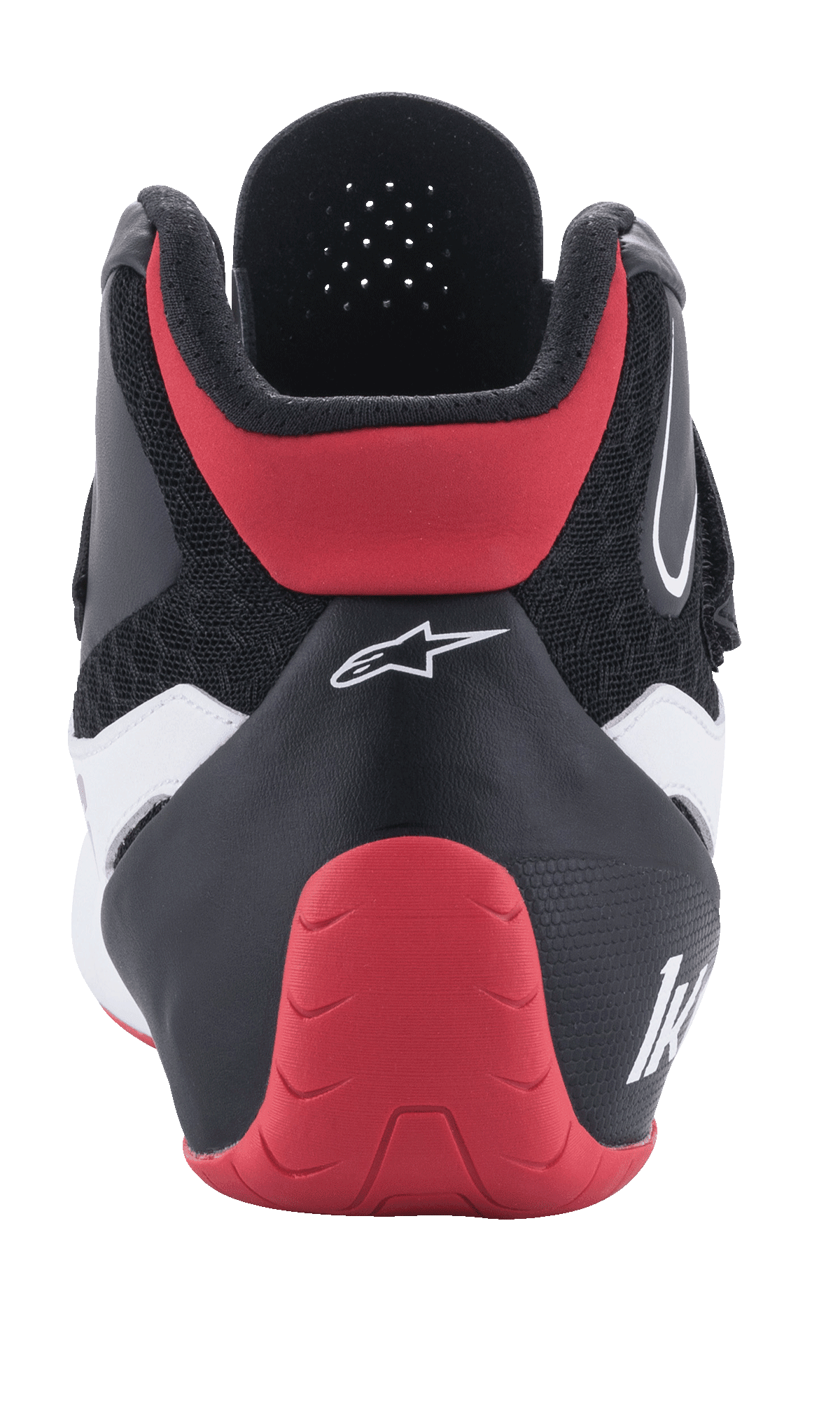 Alpinestars Tech-1 K V2 Shoes, Karting Footwear, Red Black and White, Rear View, featuring a red protective heel cup, black textile upper with white accents, and white Alpinestars branding.