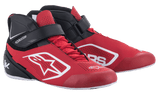 Alpinestars Tech-1 K V2 Karting Shoes, Red Black and White, mid-cut racing footwear with red laces and black hook-and-loop ankle strap, perforated microfiber upper with white Alpinestars logos, ergonomic design for professional karting