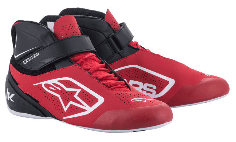Alpinestars Tech-1 K V2 Karting Shoes, Red Black and White, mid-cut racing footwear with red laces and black hook-and-loop ankle strap, perforated microfiber upper with white Alpinestars logos, ergonomic design for professional karting