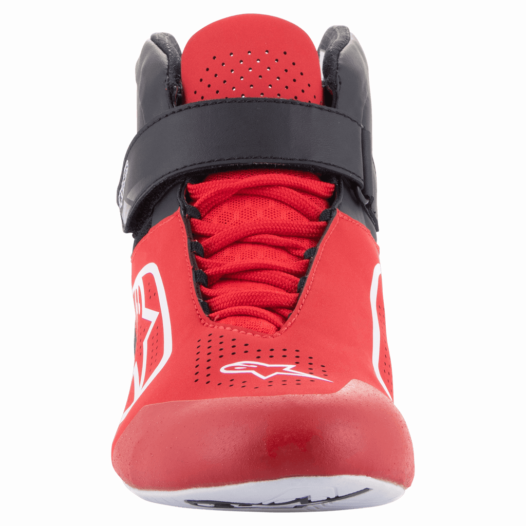 Alpinestars Tech-1 K V2 Shoes, Karting Shoes, Red Black and White, front view featuring a black hook-and-loop ankle strap and red laces, perforated red upper with white Astars logos, ergonomic design for kart racing