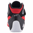 Alpinestars Tech-1 K V2 Shoes, Karting Shoes, Red Black and White, rear view showing the low-cut Achilles collar, white heel wrap with "1K" logo, and Alpinestars star logo on the black upper