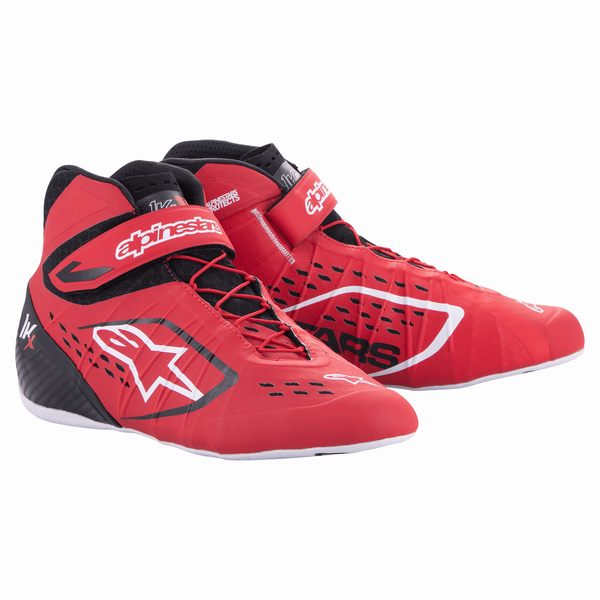Alpinestars Youth Tech-1 KX V2 Karting Shoes, Red, Black, and White, high-top racing shoes with white star logo, Velcro ankle strap, red laces, perforated ventilation cut-outs, and thin white sole, youth motorsport footwear