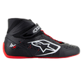 Alpinestars Tech-1 KX V3 Shoes, Karting Racing Shoes, Black White and Red, side profile featuring seamless thermo-welded construction, large white side logo, high-top design with Velcro strap, and thin red rubber sole
