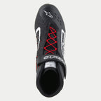 Alpinestars Tech-1 KX V3 Shoes, Karting Shoes, Black White and Red, top-down view featuring red laces and a black ankle strap with white branding, white Alpinestars logo on the toe, sleek breathable design for motorsport performance.