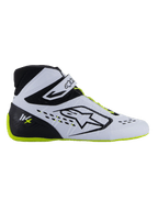 Alpinestars Tech-1 KX V3 Shoes - FIA, Karting Shoes, Black White and Yellow Fluo, sleek side profile with white thermo-welded upper, black heel counter with KX logo, fluorescent yellow sole and laces, professional motorsport design for karting