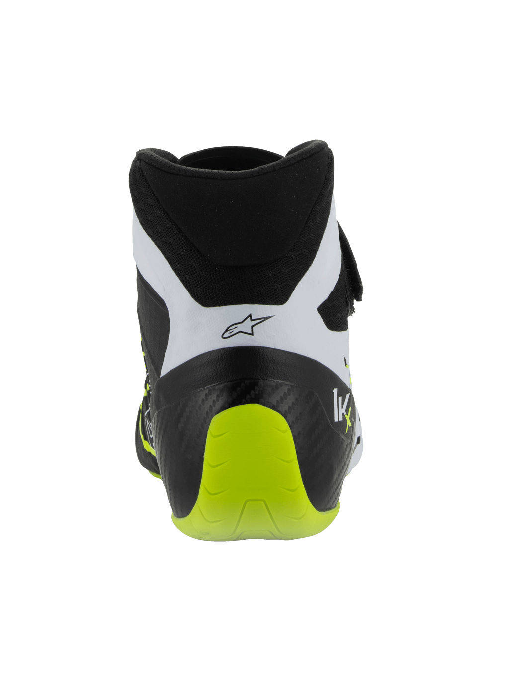 Alpinestars Tech-1 KX V3 Shoes, FIA Certified Karting Shoes, Black White and Yellow Fluo, Rear view showing the reinforced one-piece heel, bright fluo yellow accent, white paneling with black logo, technical motorsport footwear for track use.