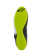 Alpinestars Tech-1 KX V3 Shoes - FIA, karting shoes, bottom view of the sole, bright yellow fluo rubber with textured grip pattern, featuring black Alpinestars logo and embossed branding for pedal sensitivity
