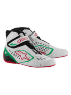 Alpinestars Tech-1 KX V3 Karting Shoes, White Green and Red, featuring a seamless thermo-welded upper with laser-cut perforations, asymmetric lacing, velcro strap with red branding, and a thin red rubber sole