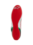 Alpinestars Tech-1 KX V3 Karting Shoes, Sole View, Bright Red thin rubber outsole with textured grip pattern, white Alpinestars logo at the heel, White Green and Red colorway