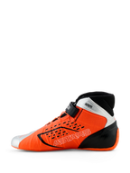 Alpinestars Tech-1 KX V3 Shoes, Karting Shoes, Orange Fluo Black and Silver, side profile view, featuring the ASTARS logo on the side, adjustable ankle strap, and sleek aerodynamic design for professional racing.