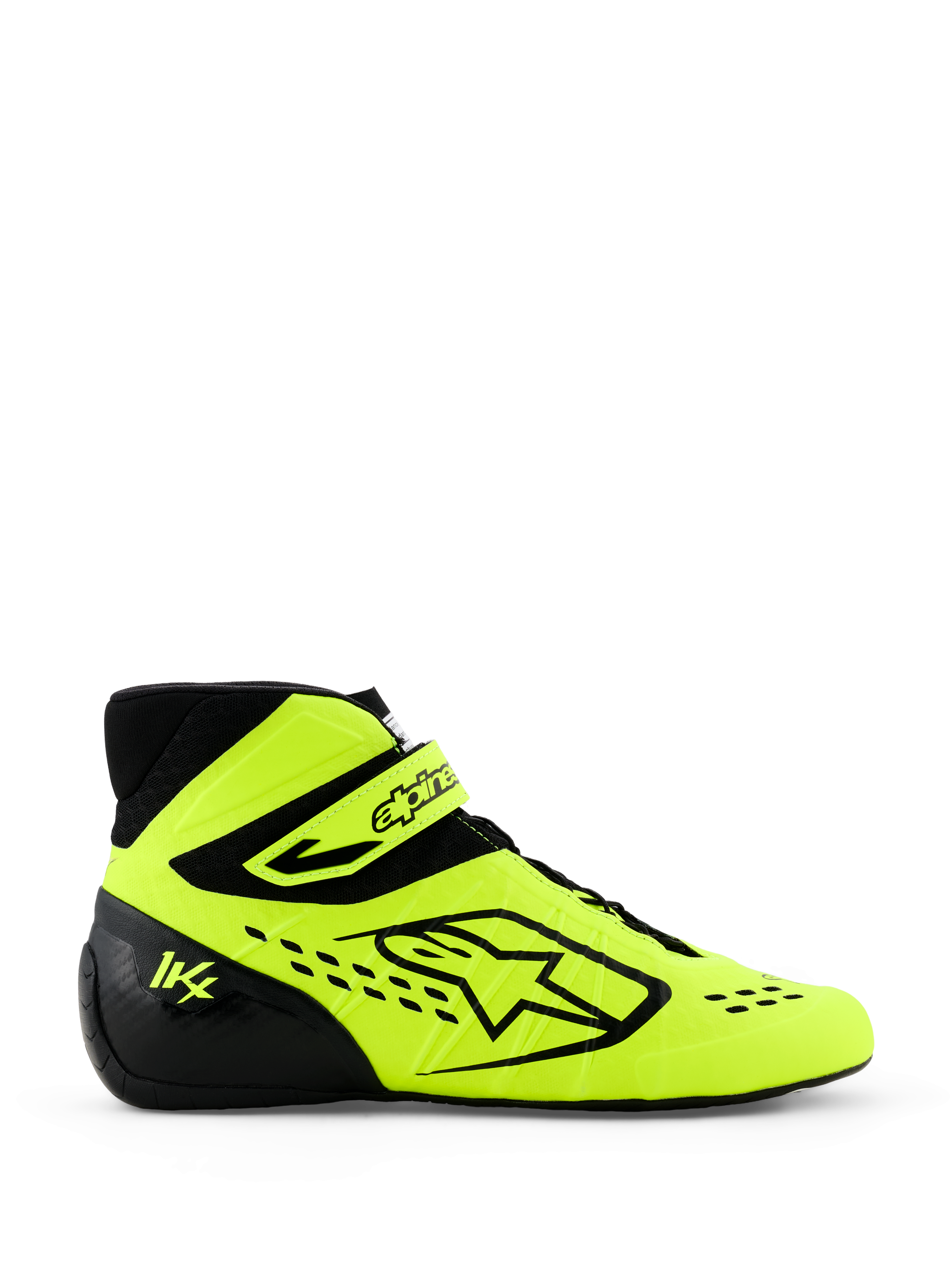 Alpinestars Tech-1 KX V3 Karting Shoes, Yellow Fluo and Black, side profile view featuring bold Alpinestars logo, adjustable ankle strap, and laser-cut perforations for breathability, professional motorsport footwear.
