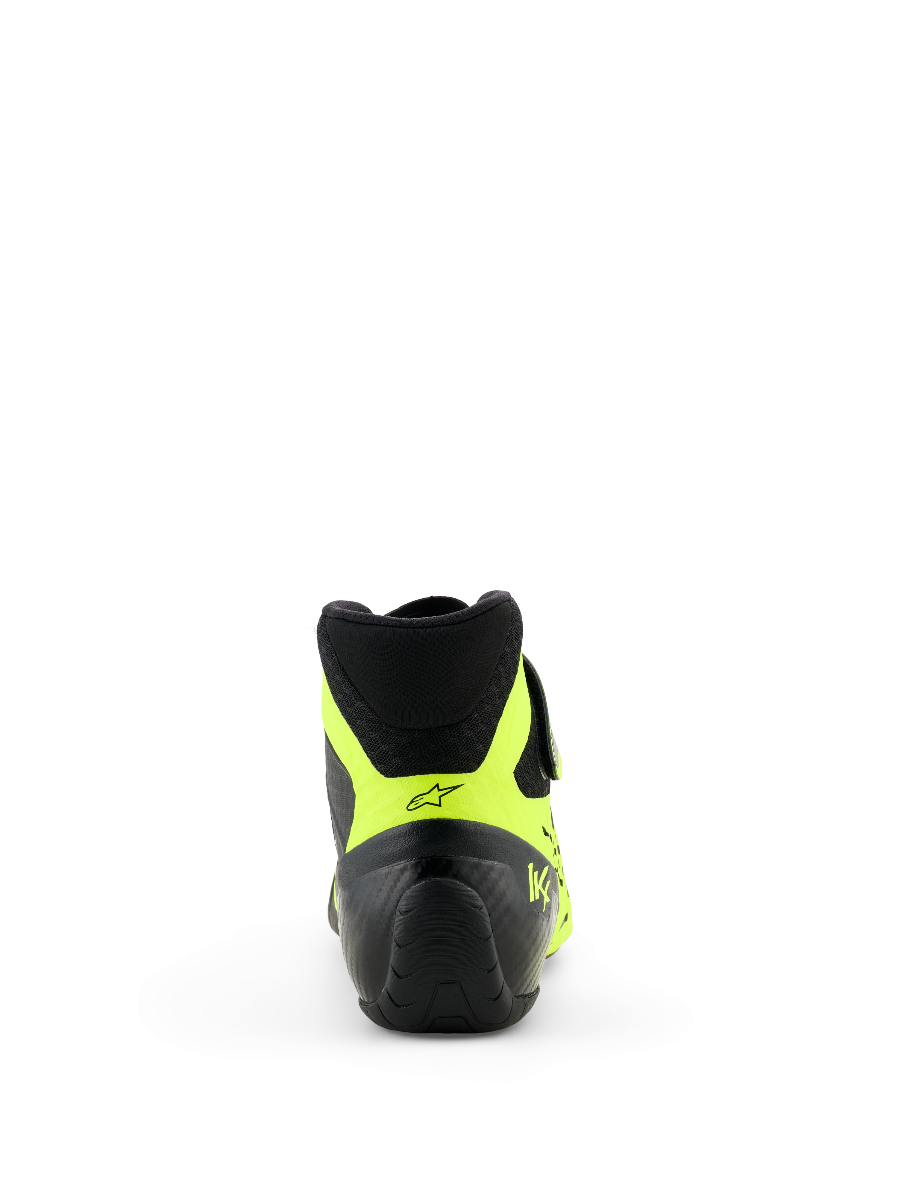 Alpinestars Tech-1 KX V3 Shoes - FIA, Black and Yellow Fluo, Rear view focusing on the heel, neon yellow accents with black star logo and KX branding, professional karting footwear