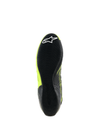 Alpinestars Tech-1 KX V3 Shoes, Karting Shoes, Black and Yellow Fluo, bottom view of the thin rubber sole with textured grip pattern and white star logo on the heel, designed for motorsport performance.