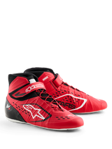Alpinestars Tech-1 KX V3 Shoes, Karting Shoes, Red and Black, featuring asymmetric lacing and velcro ankle strap, white Alpinestars branding, laser-cut air-intakes, and a lightweight seamless construction for professional motorsport performance.