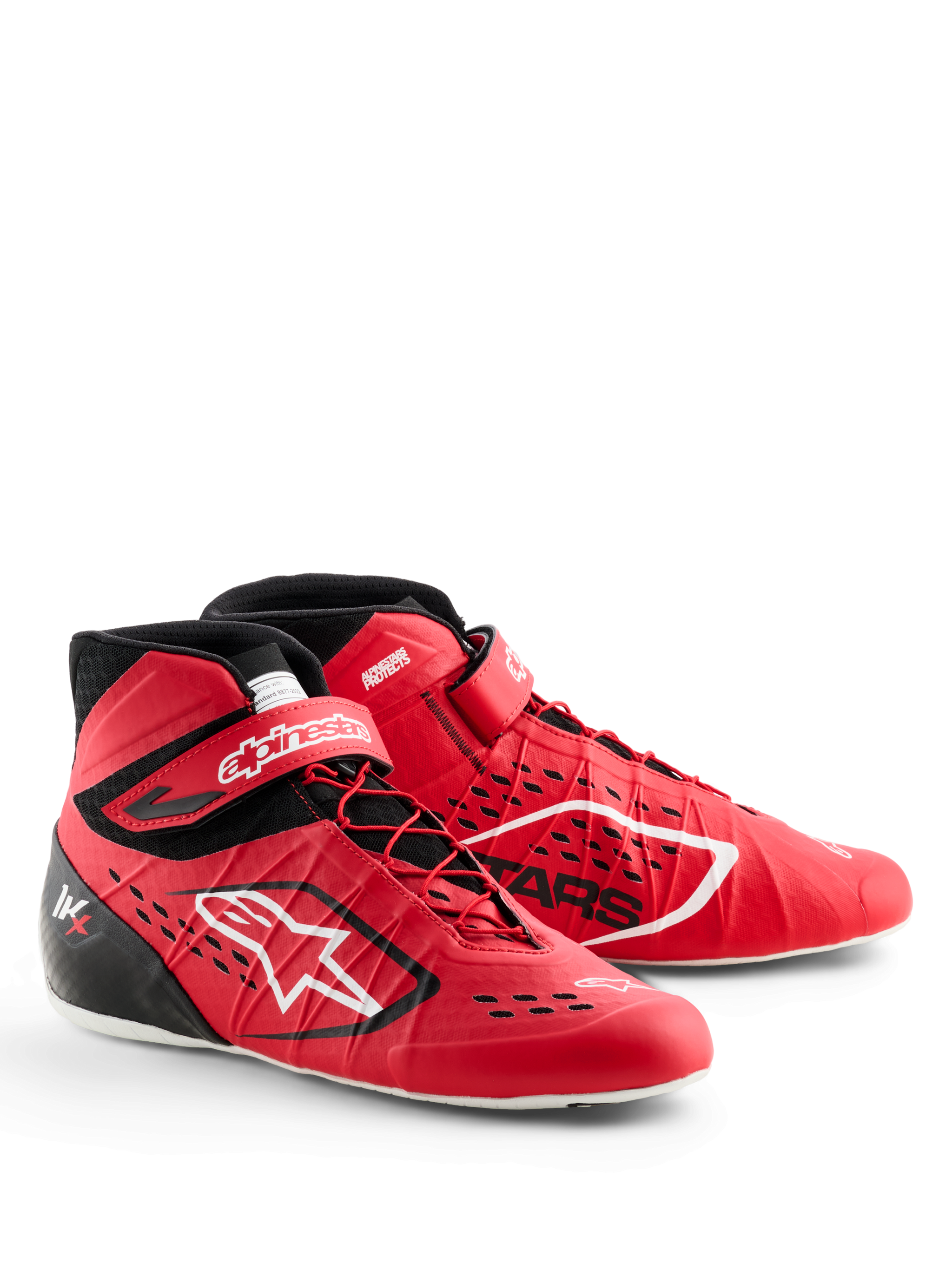 Alpinestars Tech-1 KX V3 Shoes, Karting Shoes, Red and Black, featuring asymmetric lacing and velcro ankle strap, white Alpinestars branding, laser-cut air-intakes, and a lightweight seamless construction for professional motorsport performance.