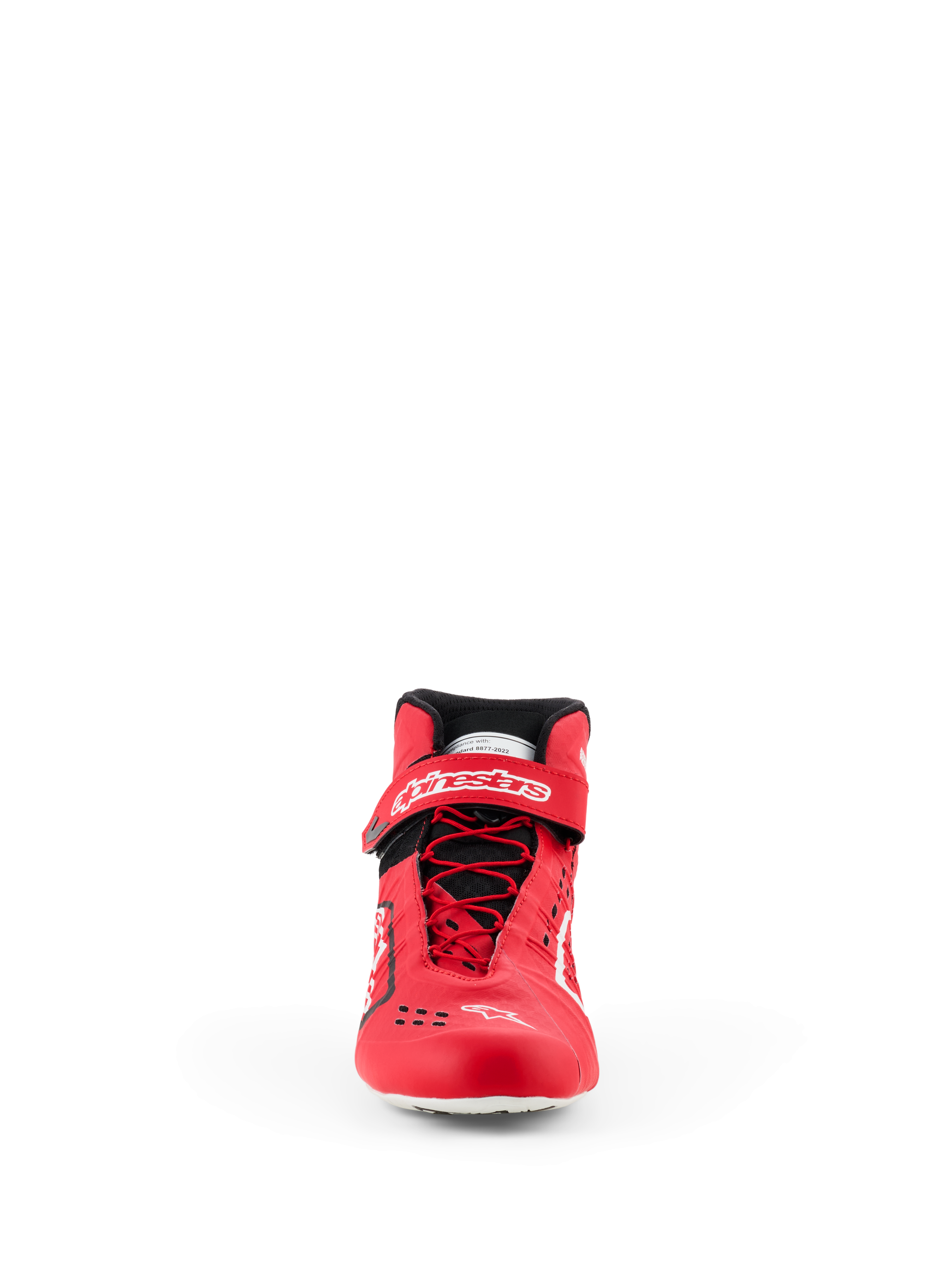 Alpinestars Tech-1 KX V3 Shoes - FIA, Karting Shoes, Red and Black, front view featuring asymmetric speed lacing, velcro ankle strap with white branding, and sleek thermo-welded construction