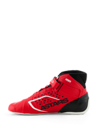 Alpinestars Tech-1 KX V3 Shoes, FIA Karting Shoes, Red and Black, side profile view, featuring seamless thermo-welded construction, laser-cut perforations, black ASTARS branding, and lightweight racing design.