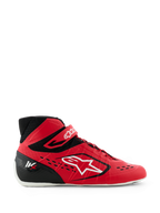 Alpinestars Tech-1 KX V3 Karting Shoes, Red and Black, side profile view with large white Alpinestars logo, asymmetric lacing system, velcro ankle strap, and lightweight seamless design for motorsport performance