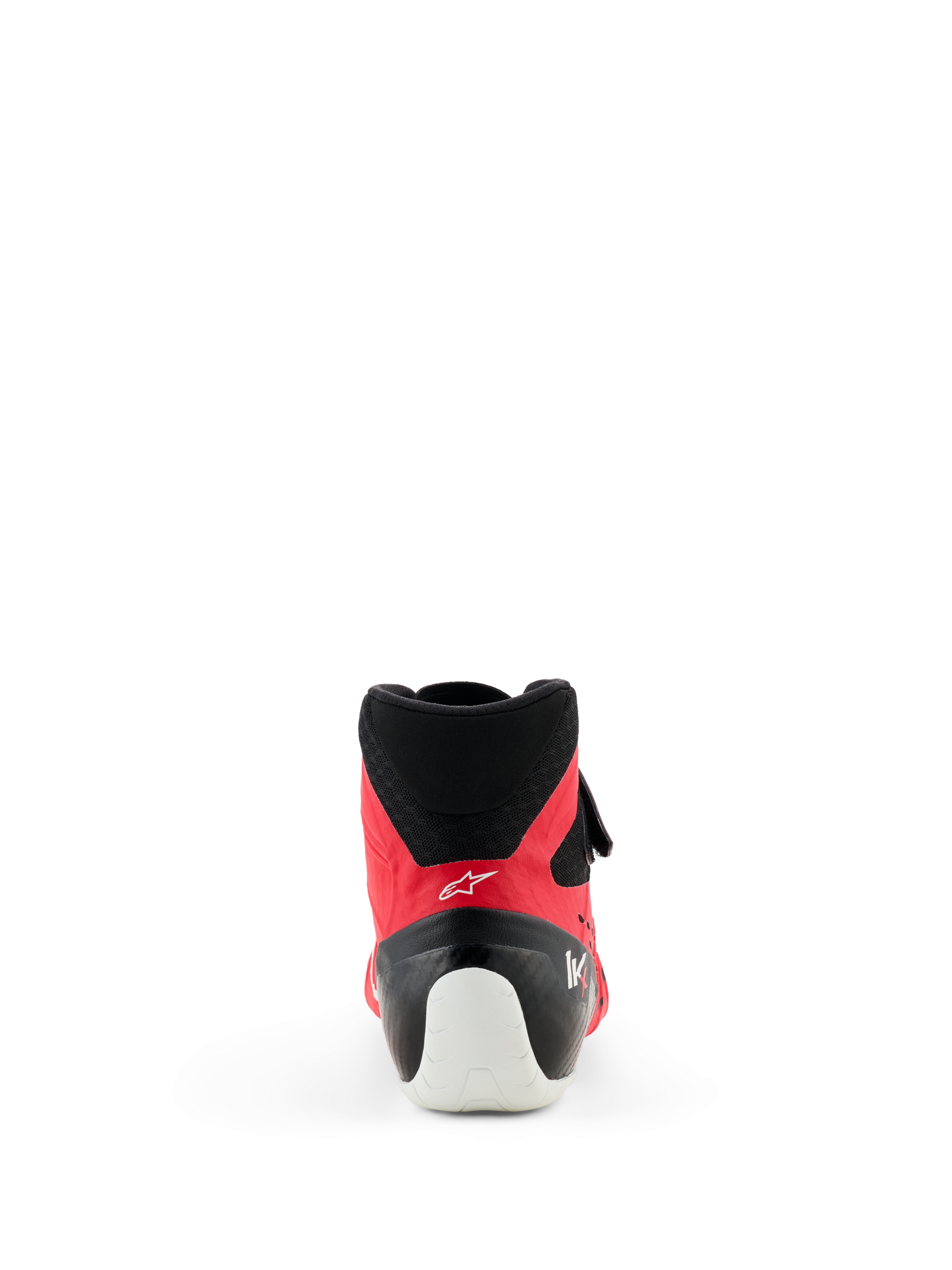 Alpinestars Tech-1 KX V3 Shoes - FIA, Karting Shoes, Red and Black, rear view highlighting the white heel reinforcement, black mesh collar, and streamlined profile for professional racing.