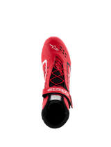 Alpinestars Tech-1 KX V3 Shoes - FIA, Red and Black Karting Shoes, top-down view showing asymmetric lacing system and adjustable velcro strap, perforated upper for breathability, lightweight performance racing footwear
