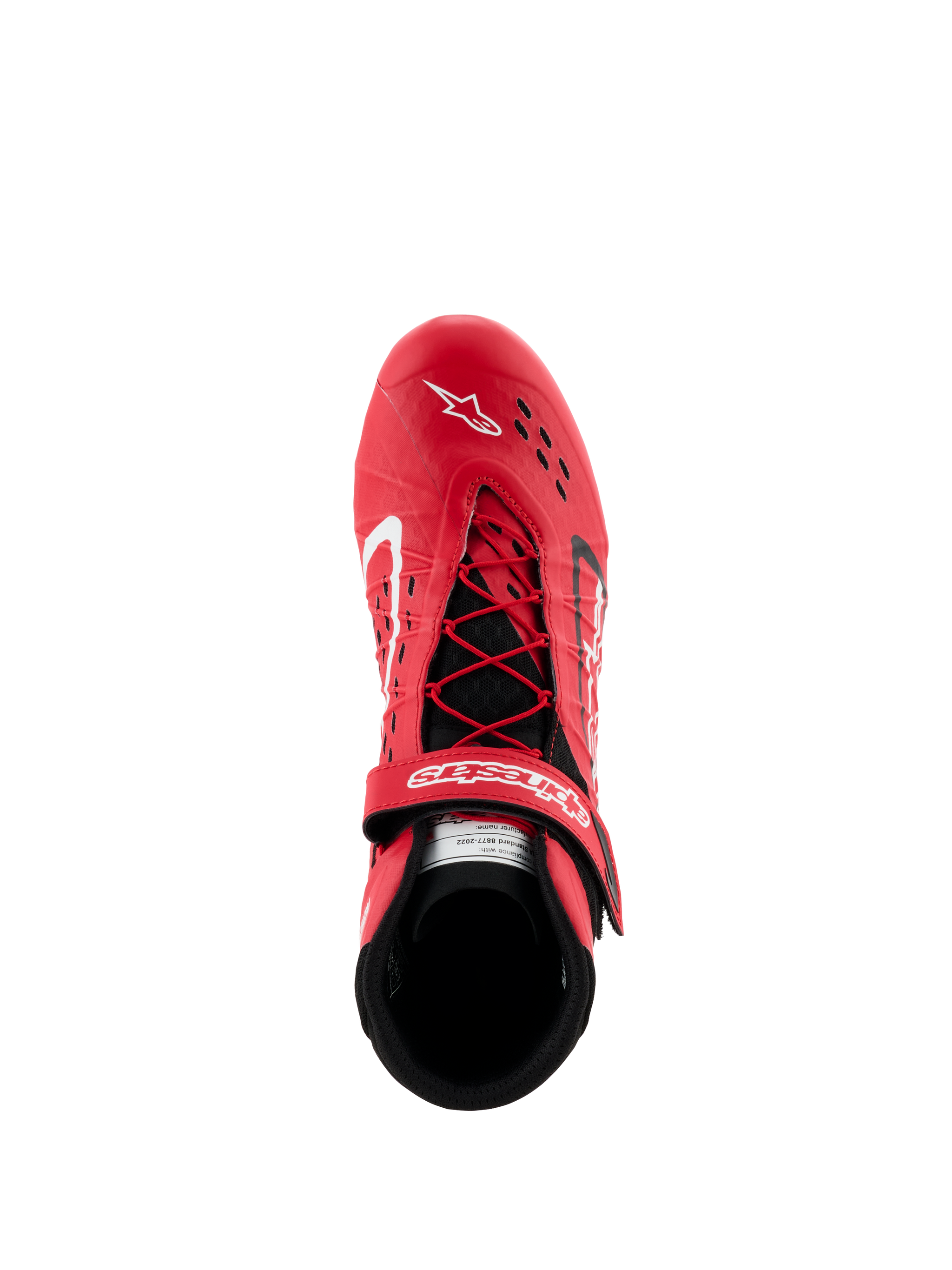 Alpinestars Tech-1 KX V3 Shoes - FIA, Red and Black Karting Shoes, top-down view showing asymmetric lacing system and adjustable velcro strap, perforated upper for breathability, lightweight performance racing footwear