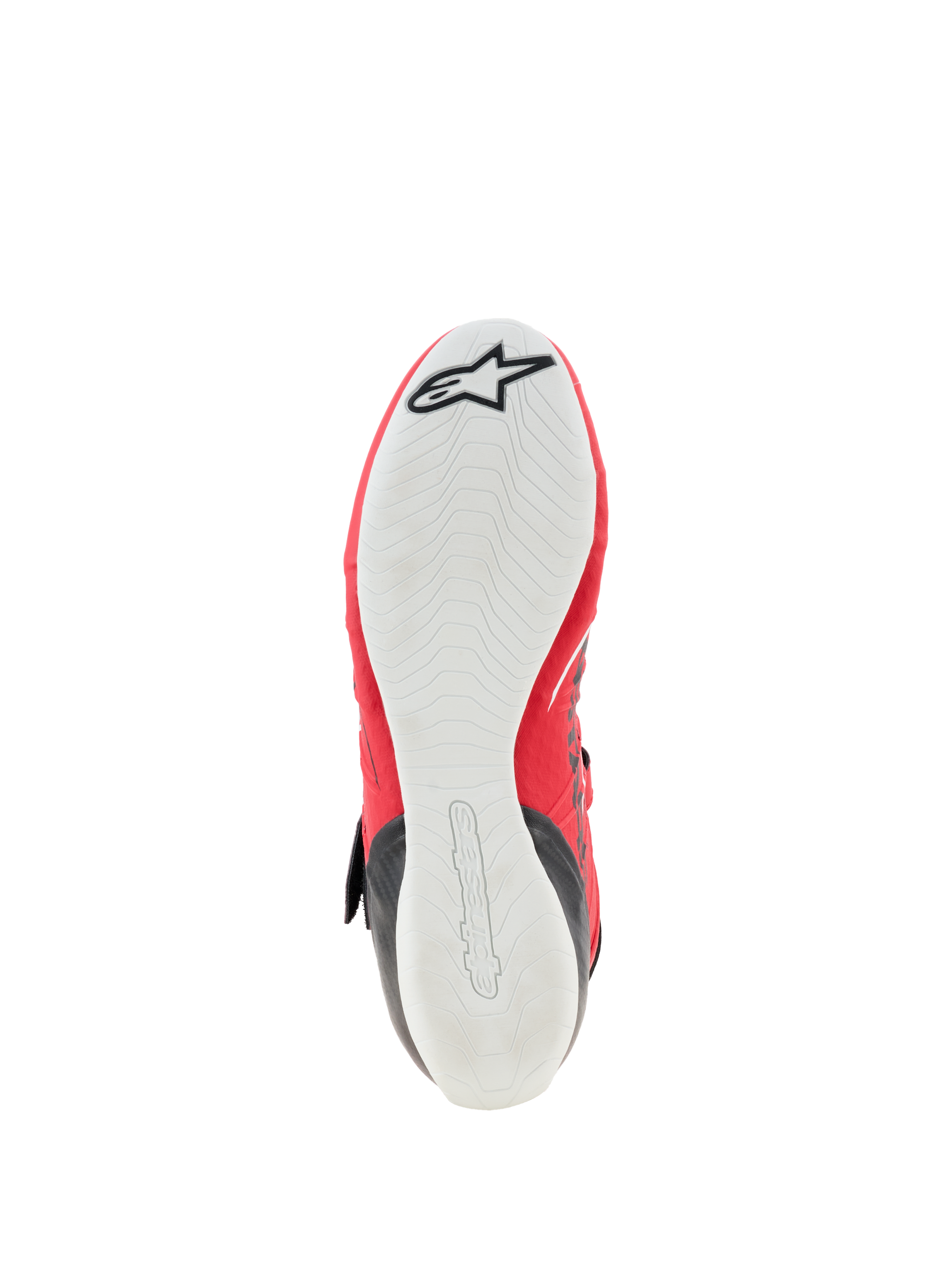Alpinestars Tech-1 KX V3 Shoes - FIA, Karting Shoes, bottom view showing the white thin rubber outsole, textured grip pattern for pedal sensitivity, red upper edges, black Alpinestars star logo on the toe and embossed branding on the heel