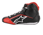 Alpinestars Youth Tech-1 K Shoes, Karting Footwear, Black White and Red, side profile featuring white star logo, red mesh collar, white laces and ankle strap, lightweight microfiber and mesh design for racing