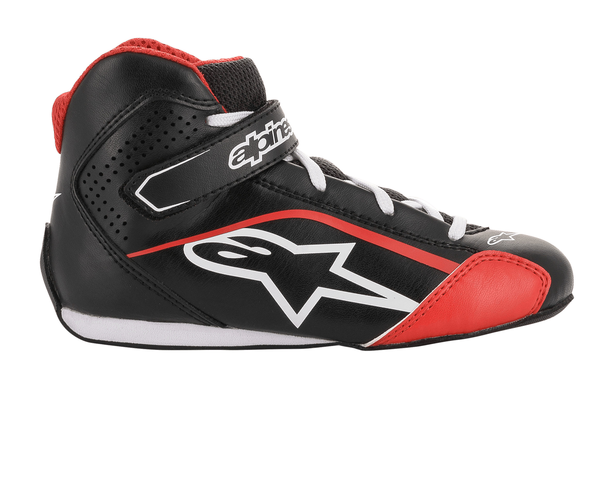 Alpinestars Youth Tech-1 K Shoes, Karting Shoes, Black White and Red, side profile featuring microfiber construction, white Alpinestars logo, hook-and-loop ankle strap, and perforated side panels for ventilation.