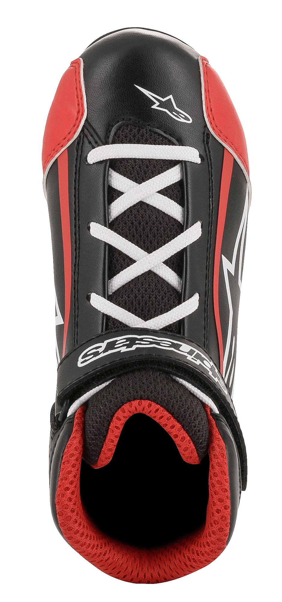 Alpinestars Youth Tech-1 K Shoes, Karting Shoes, Black White and Red, top-down view showing white cross-laces, black hook-and-loop strap with logo, red 3D mesh lining, durable microfiber and mesh construction