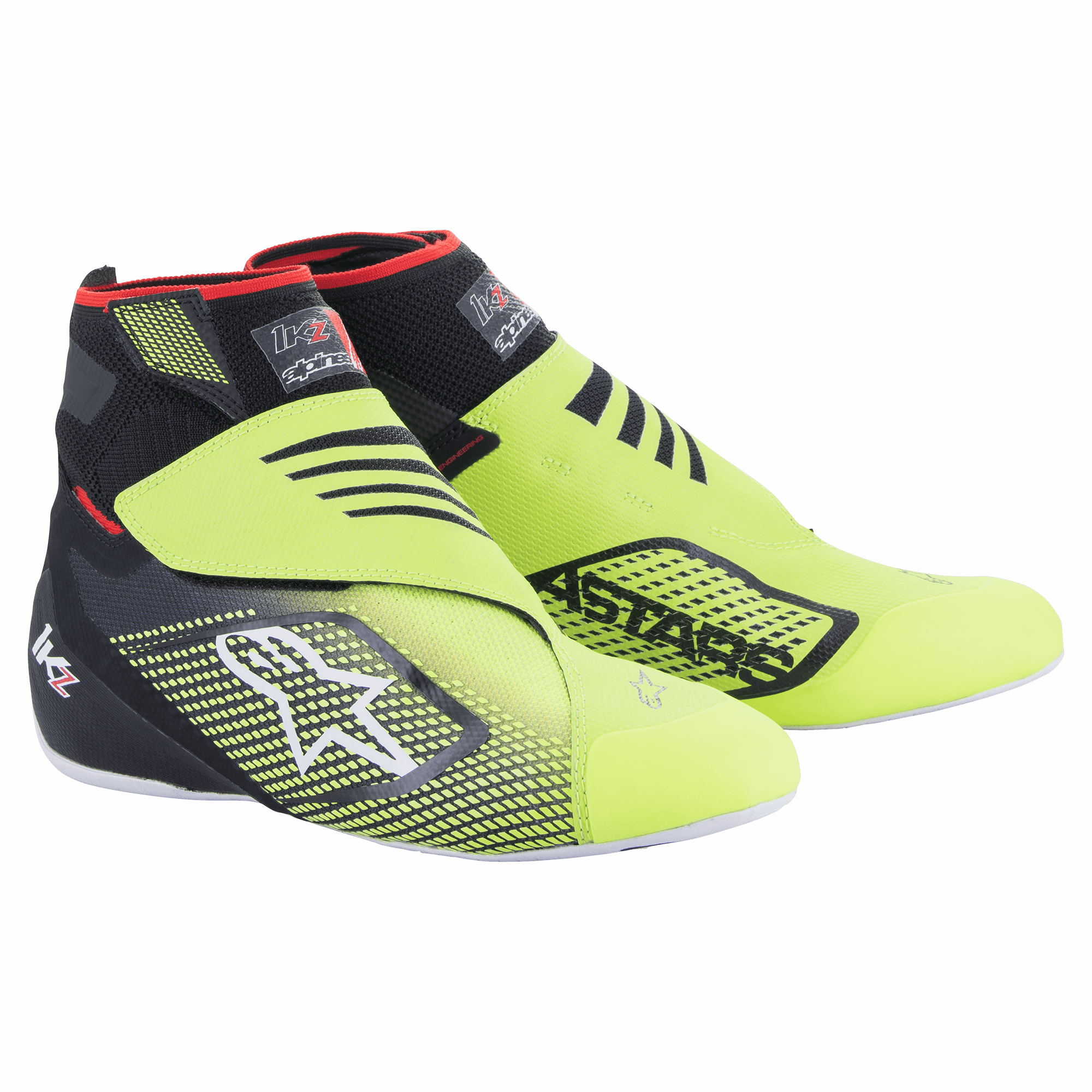 Alpinestars Tech-1 KZ V2 Shoes, Karting Racing Shoes, Black and Yellow Fluo, featuring a seamless knitted upper, dual hook-and-loop strap closure, white Alpinestars star logo, black 3D print graphics, high ankle collar with red accents, thin white sole, specialized motorsport footwear
