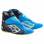 Alpinestars Tech-1 KZ V2 Karting Shoes, Blue Black and Yellow Fluo, featuring a seamless knitted upper, dual ankle strap closure, large white star logo on the side, sleek lightweight design for motorsport