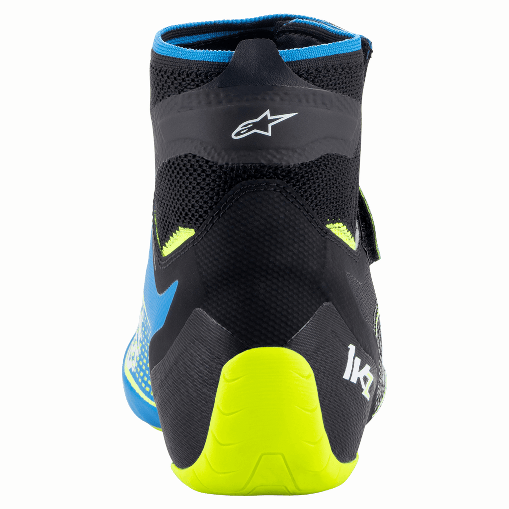 Alpinestars Tech-1 KZ V2 Shoes, Karting Shoes, Black Enamel Blue and Yellow Fluo, Rear view showing the knitted upper construction, Alpinestars logo, and bright yellow fluo heel support