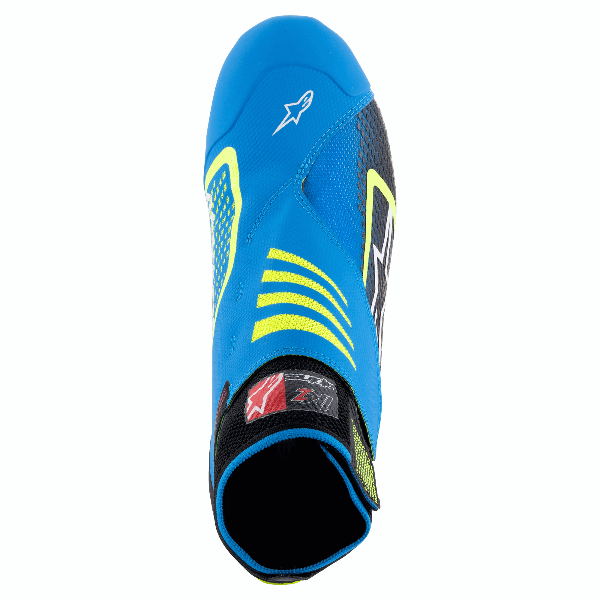 Alpinestars Tech-1 KZ V2 Shoes, Karting Shoes, Black Enamel Blue and Yellow Fluo, top-down view showing the seamless knitted upper, Alpinestars logo on the toe, and elasticated collar for a secure fit.