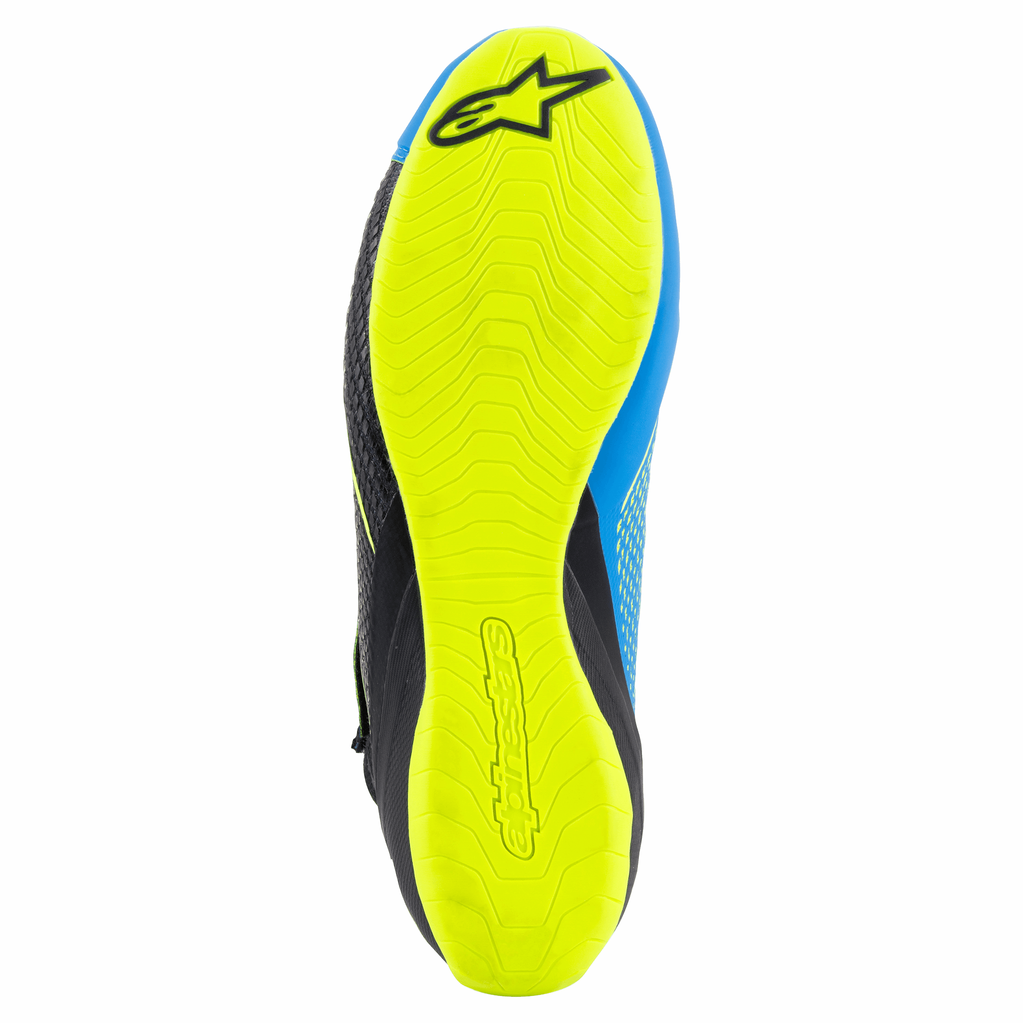 Alpinestars Tech-1 KZ V2 Karting Shoes, Black Enamel Blue and Yellow Fluo, bottom view of the thin fluo yellow rubber outsole, textured grip pattern with Alpinestars logos, designed for pedal sensitivity