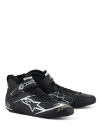 Alpinestars Tech-1 Z V3 Shoes FIA, Auto Racing Footwear, Black and Silver, premium bovine leather with silver Alpinestars star logo, sleek low-cut profile with speed lacing and Velcro strap