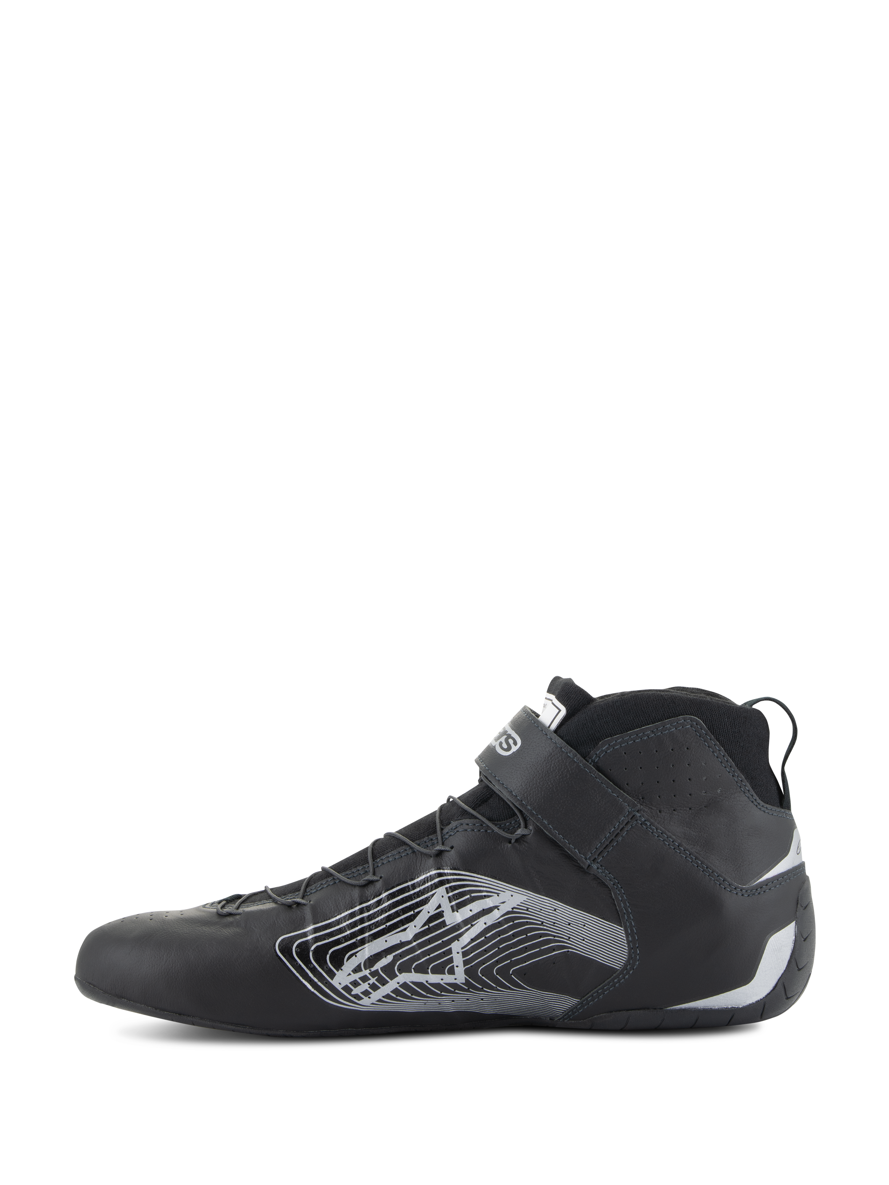 Alpinestars Tech-1 Z V3 Shoes FIA, Auto Racing Shoes, Black and Silver, side profile view, premium bovine leather upper with a large silver stylized star logo, velcro ankle strap, and sleek high-top design for professional motorsport performance.