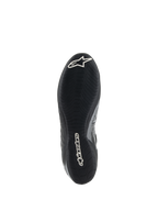 Alpinestars Tech-1 Z V3 Shoes FIA, Black Silver racing shoe sole view, featuring F1-derived thin rubber outsole with asymmetric tread, white branding including Astar logo and Alpinestars wordmark