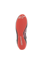 Alpinestars Tech-1 Z V3 Shoes FIA, Bottom view of racing shoe sole, Vibrant Red textured rubber, Asymmetric tread pattern for high grip and pedal sensitivity, White Alpinestars logo and script branding