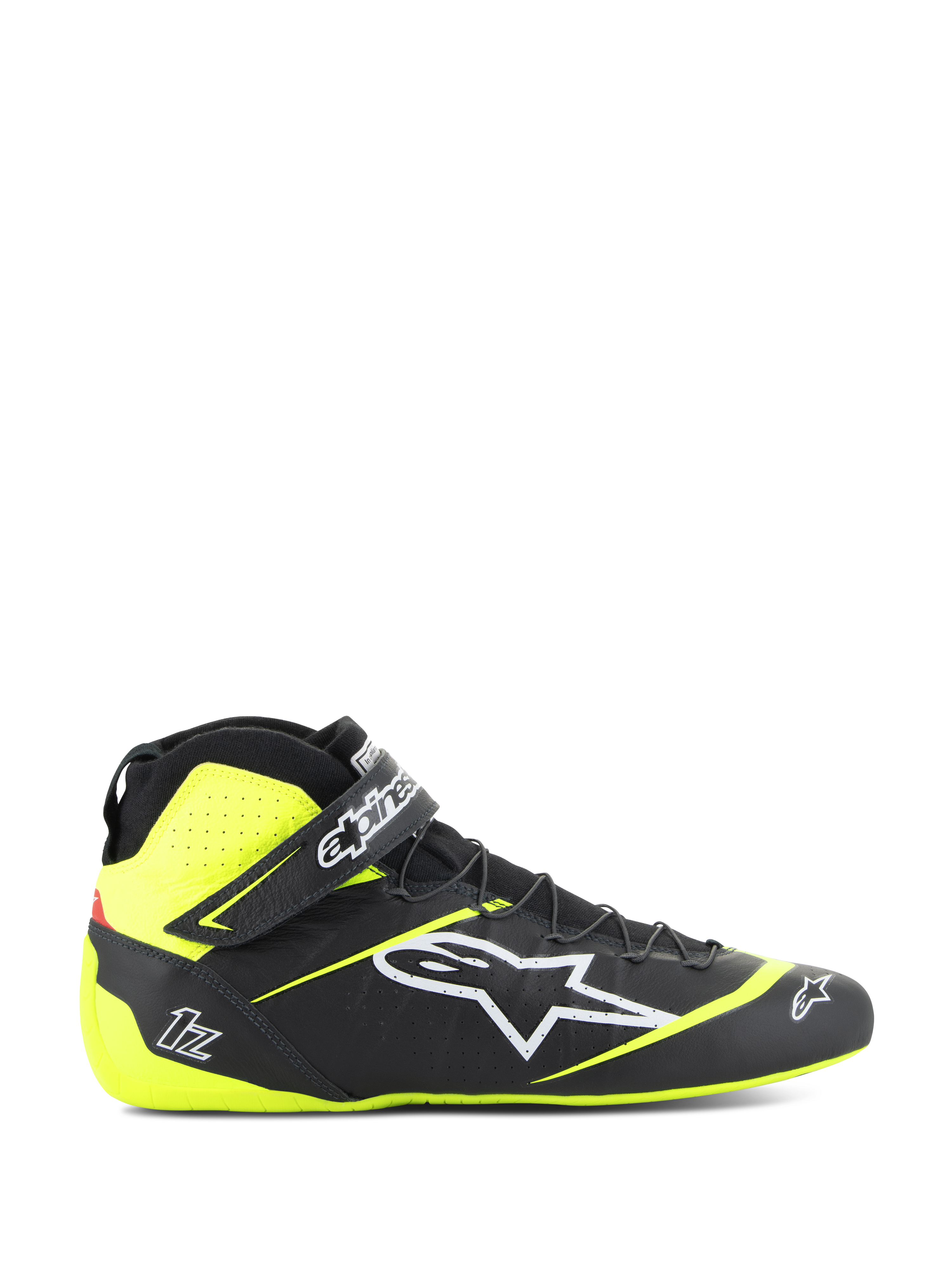 Alpinestars Tech-1 Z V3 Shoes FIA, Auto Racing Shoes, Black and Yellow Fluo, side profile of high-top motorsport footwear, white star logo, perforated design for breathability, adjustable ankle strap, thin rubber sole.