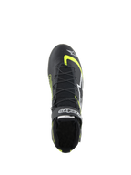 Alpinestars Tech-1 Z V3 Shoes FIA, Auto Racing Shoes, Black and Yellow Fluo, top-down view showing dual-closure speed lacing system, Velcro strap with branding, and premium leather construction for professional motorsport.