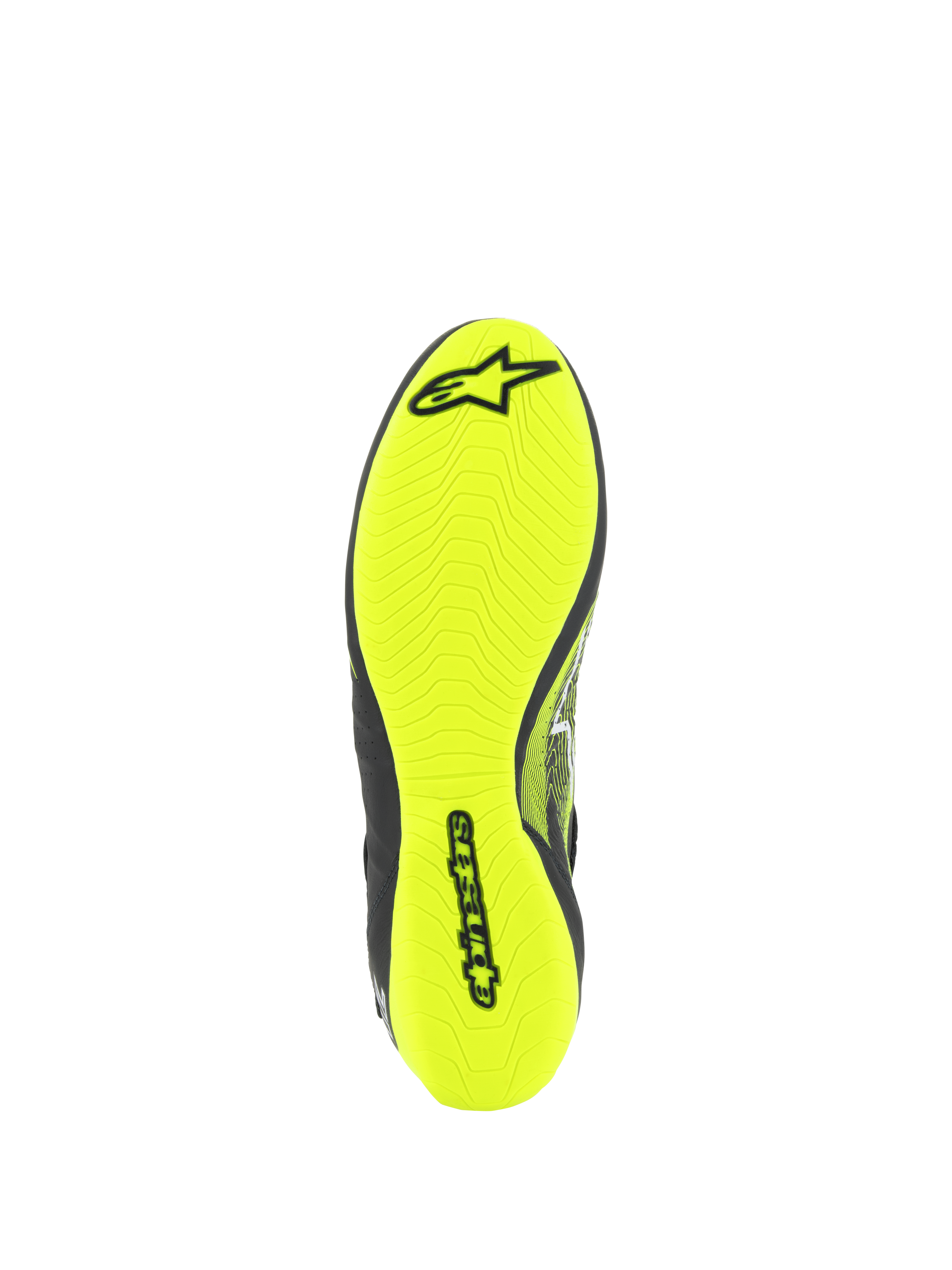 Alpinestars Tech-1 Z V3 Shoes FIA, Auto Racing Shoes, Outsole View in Yellow Fluo, featuring asymmetric tread pattern and black Alpinestars branding, thin rubber sole for maximum pedal sensitivity and grip