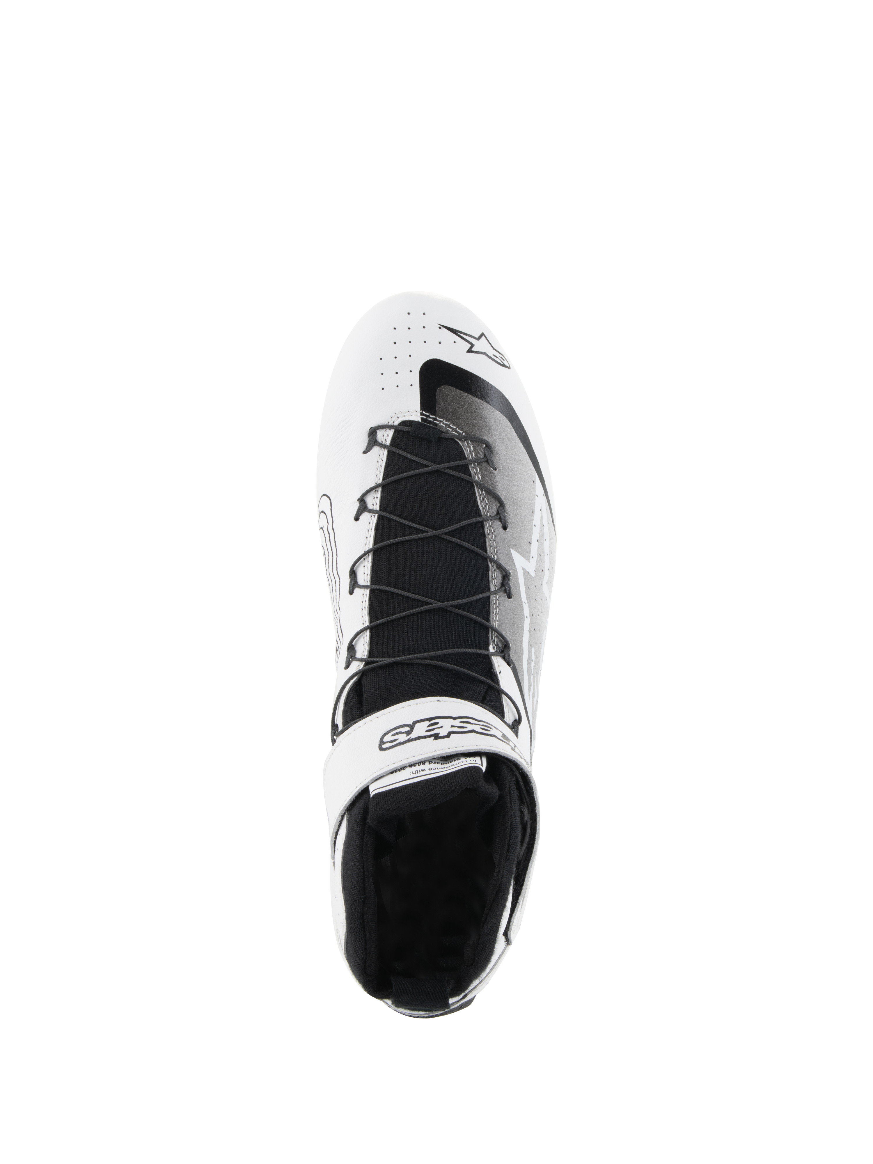 Alpinestars Tech-1 Z V3 Shoes FIA, Auto Racing Shoes, White and Black, top-down view showing speed lacing system, branded velcro ankle strap, black knitted tongue, and perforated leather upper for auto racing performance