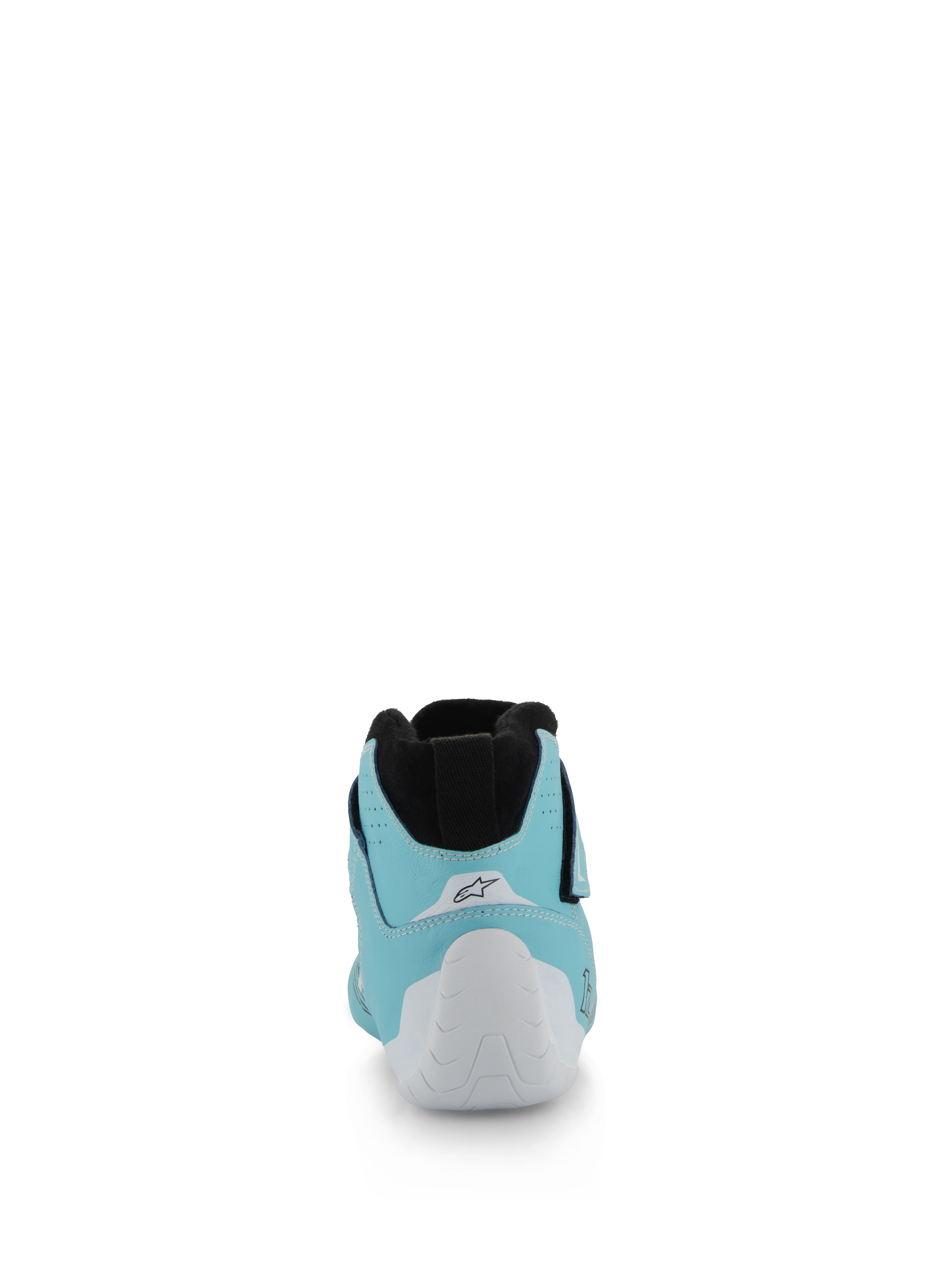 Alpinestars Tech-1 Z V3 Shoes FIA, Auto Racing Shoes, Light Teal White and Black, rear view showing the white thermo-formed heel cup and black knitted stretch collar, professional motorsport footwear
